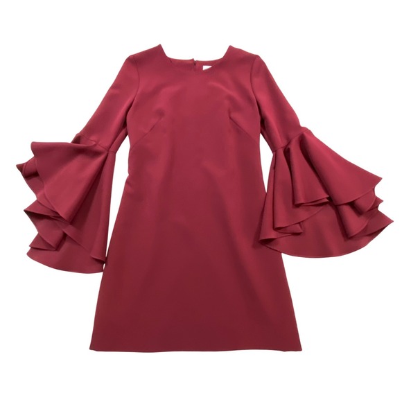 Milly Dresses & Skirts - Milly Burgundy Tiered Bell Sleeve Crepe Shift Dress‎ Cocktail Valentines Size 2